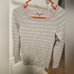 GAP Gray and White Striped Sweater With Coral trim